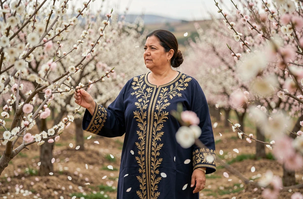 Femme marocaine en djellaba brodée marchant parmi les arbres en fleurs au printemps dans la vallée du Souss