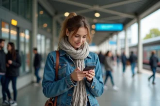 Jeune femme à Nantes vérifiant son téléphone devant la gare