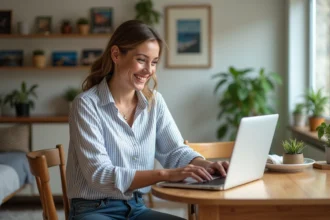 Femme souriante utilisant un ordinateur pour réserver un voyage à la maison