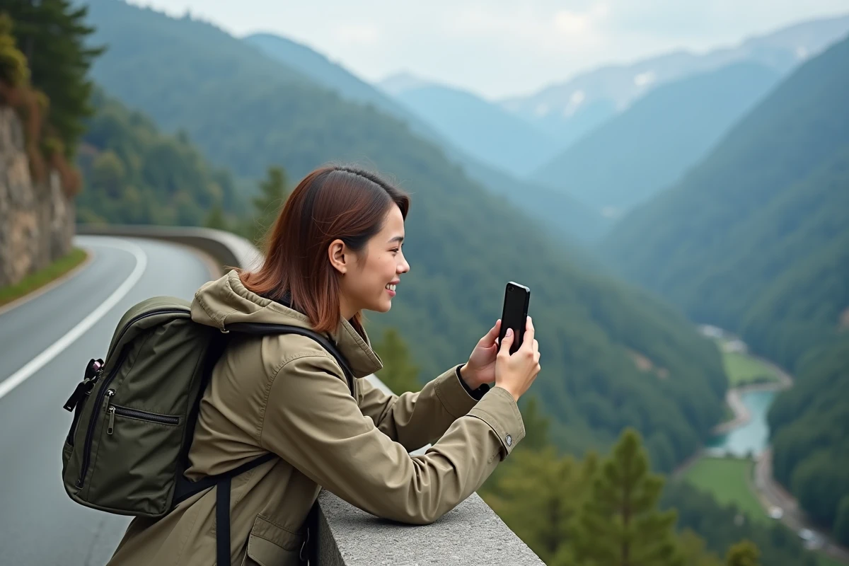 Jeune femme photographiant une vallée panoramique avec son smartphone