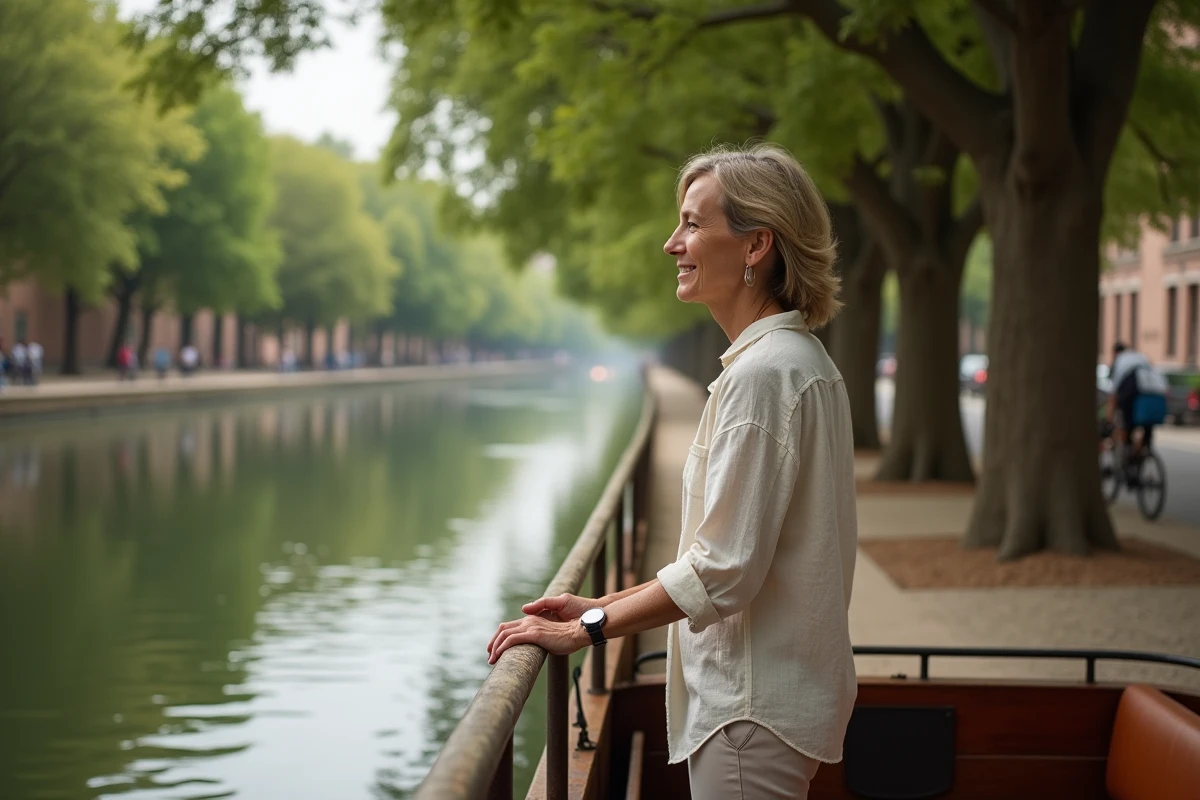 Femme sur le pont d'une péniche amarrée le long du Canal du Midi à Toulouse, entourée de platanes