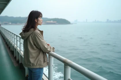 Jeune femme regardant la côte japonaise depuis un ferry