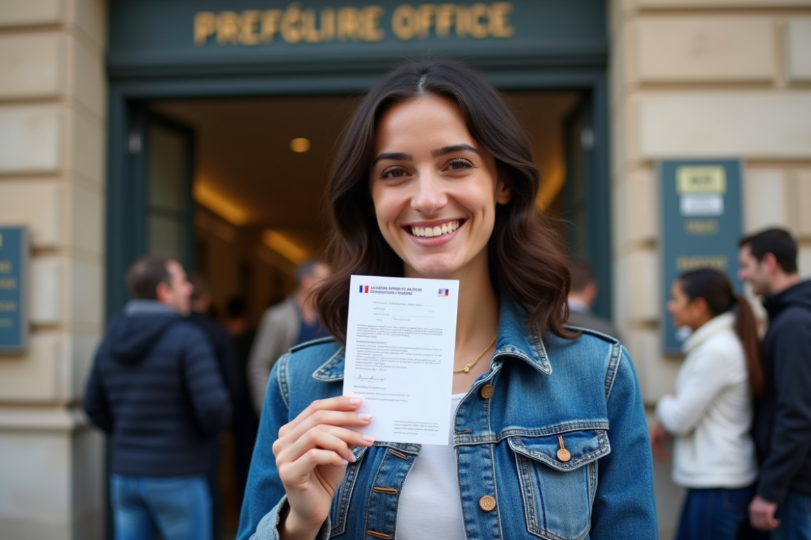 Femme souriante tenant un permis de conduire en face d'une préfecture