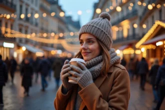 Femme souriante avec écharpe dans la place des Terreaux à Lyon