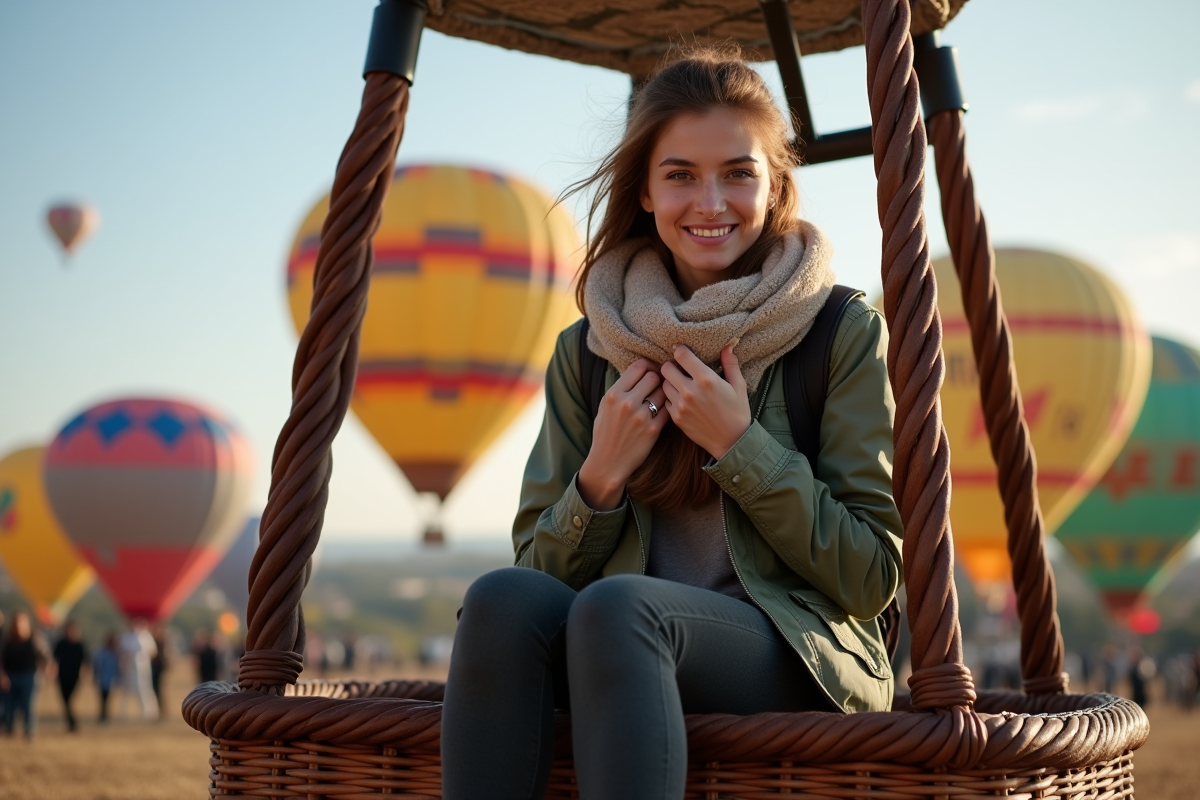 Femme assise dans le panier de montgolfière en préparation