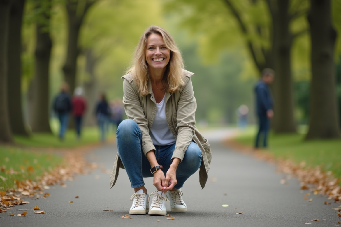 Femme souriante en jeans préparant sa marche dans un parc