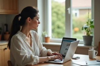 Femme consultant des promotions de voyage Leclerc sur son ordinateur portable à la maison