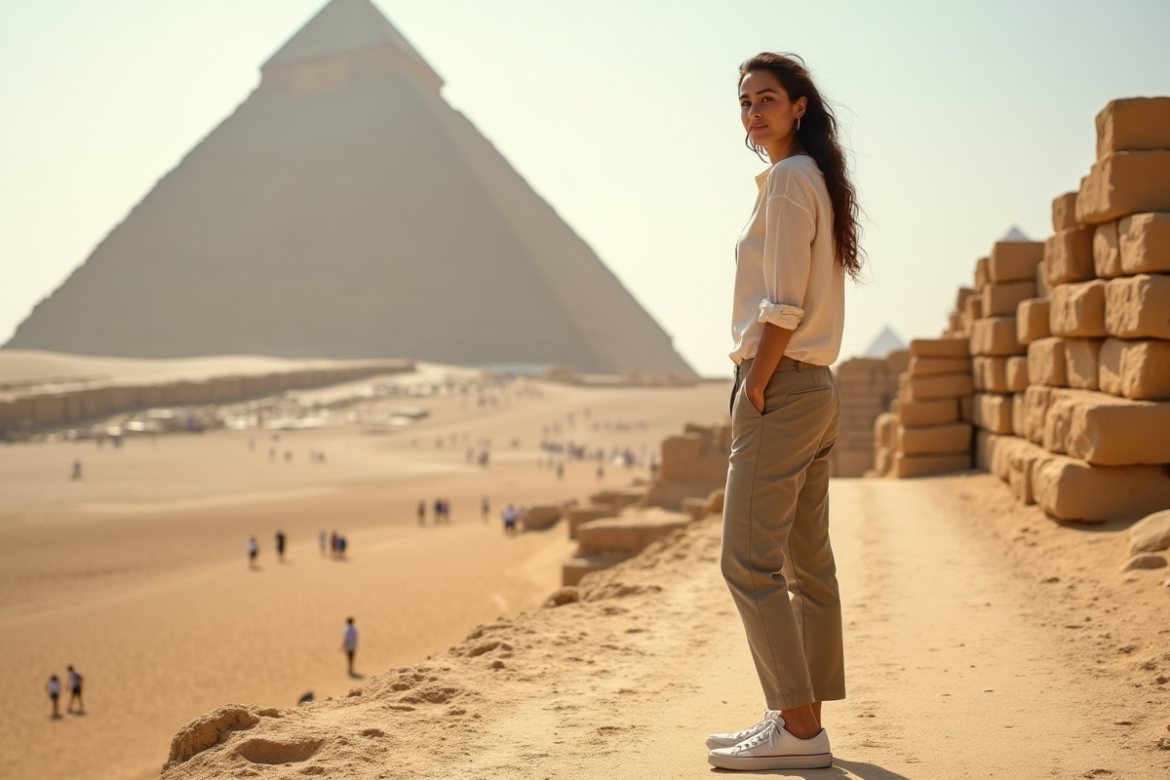 Femme souriante devant les pyramides de Gizeh en Égypte
