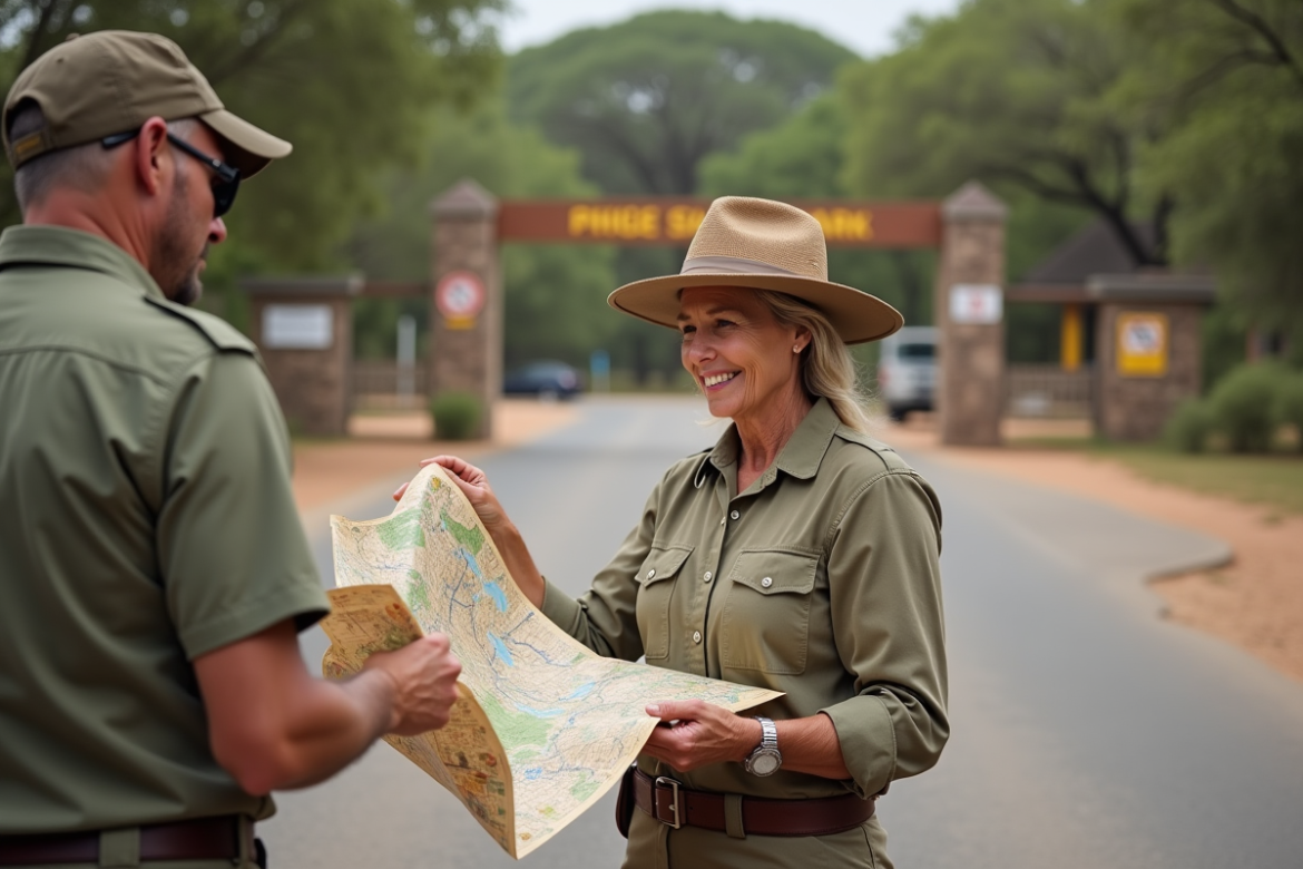 Femme en safari consultant une carte au Kruger