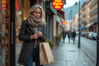 Femme réfléchissant devant un dutyfree à Dancharia