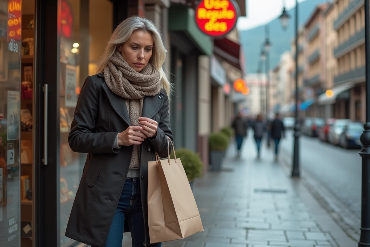 Femme réfléchissant devant un dutyfree à Dancharia