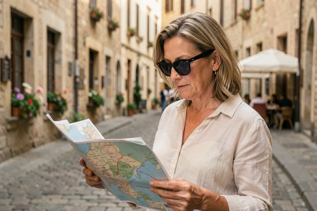 Femme touriste consultant une carte dans une rue pavée européenne, illustrant le tourisme de voyage culturel après la pandémie