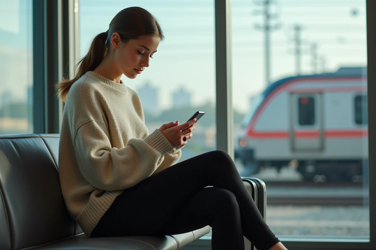 Jeune femme attendant dans une gare avec valise et smartphone