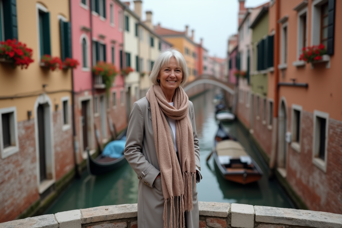 Femme souriante sur un pont à Venise avec canal et façades pastel