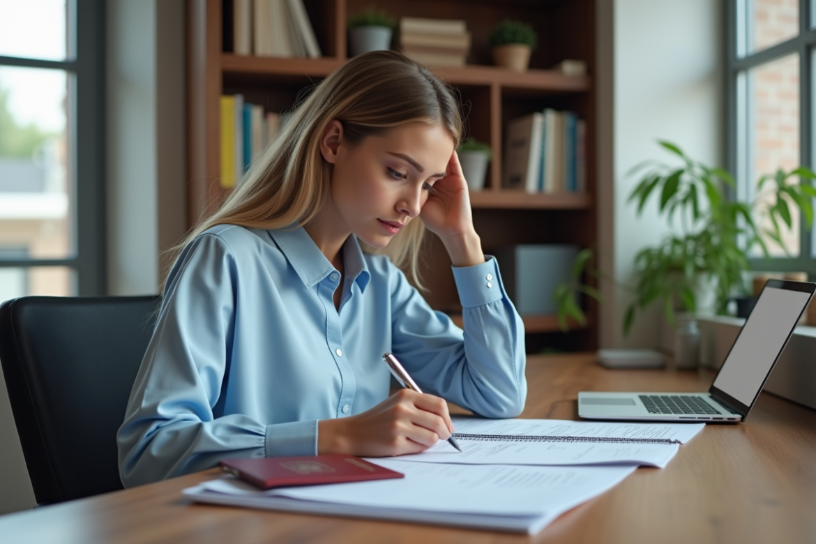 Jeune femme remplissant un formulaire de visa dans un bureau moderne