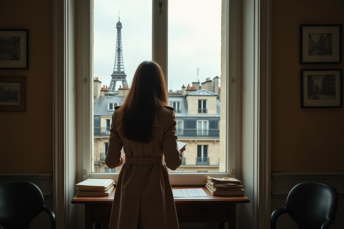 Jeune femme examine papiers de visa près d une fenêtre