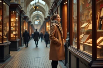Femme regardant les vitrines élégantes de la Galerie Vivienne