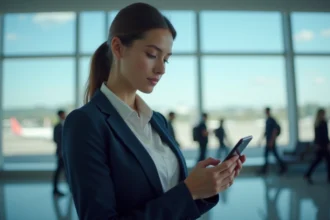 Jeune femme d'affaires examine une eSIM à l'aéroport
