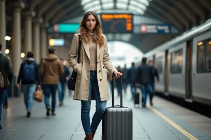 Femme élégante avec valise à la gare européenne