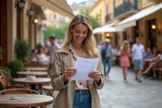 Femme souriante vérifiant ses documents de voyage en Espagne