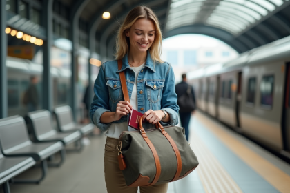 Femme en voyage avec sac à dos en station train