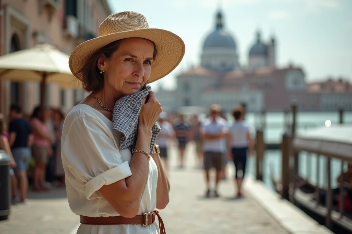 Femme voyageant à Venise avec chapeau et serviette