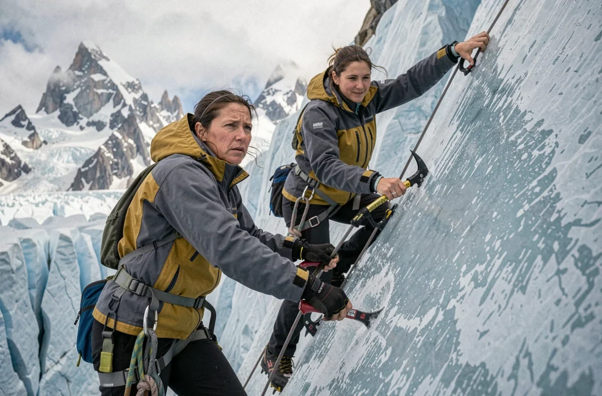 Deux alpinistes féminines en train d'escalader une paroi glaciaire verticale à très haute altitude dans l'Himalaya