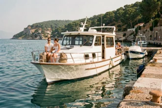 Petit ferry blanc quittant le port de La Londe-les-Maures en direction de Porquerolles, passagers décontractés sur le pont par temps ensoleillé
