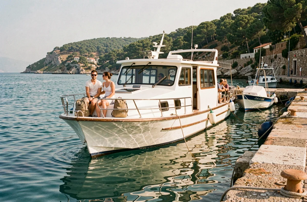 Petit ferry blanc quittant le port de La Londe-les-Maures en direction de Porquerolles, passagers décontractés sur le pont par temps ensoleillé