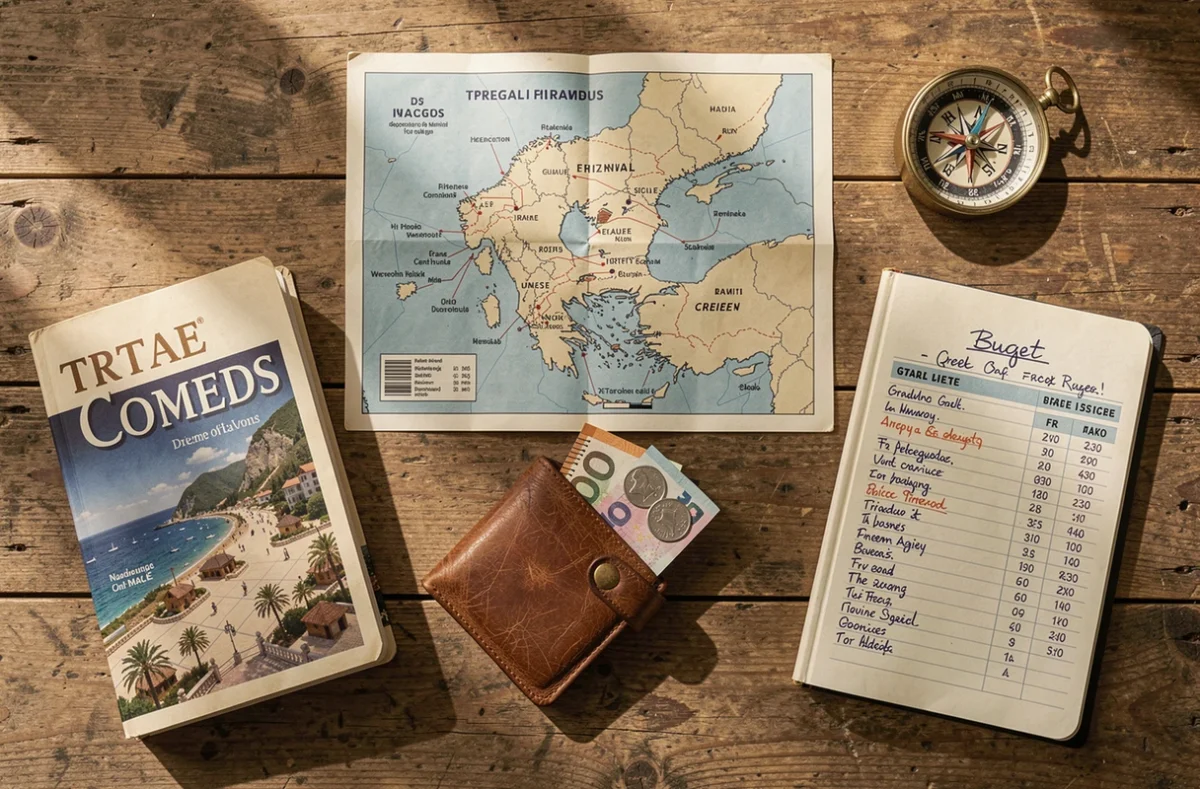 Flat lay de planification de croisière en Grèce avec carte, budget et guide de voyage