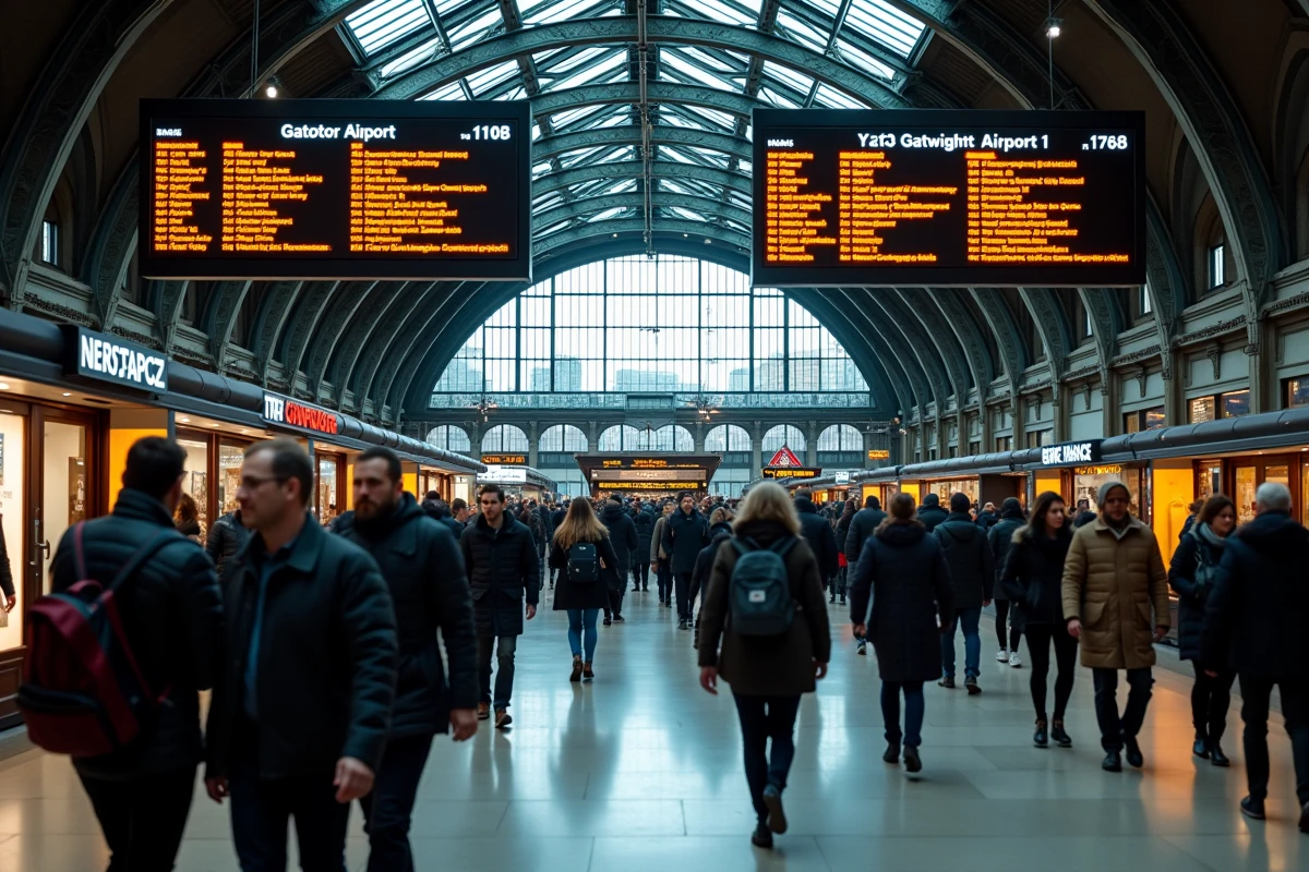 Hall d'une grande gare londonienne avec tableau des départs affichant les trains vers l'aéroport de Gatwick