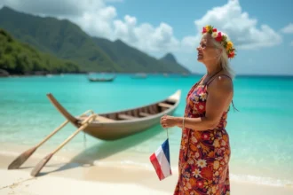 Plage de sable blanc à Tahiti sous un ciel ensoleillé