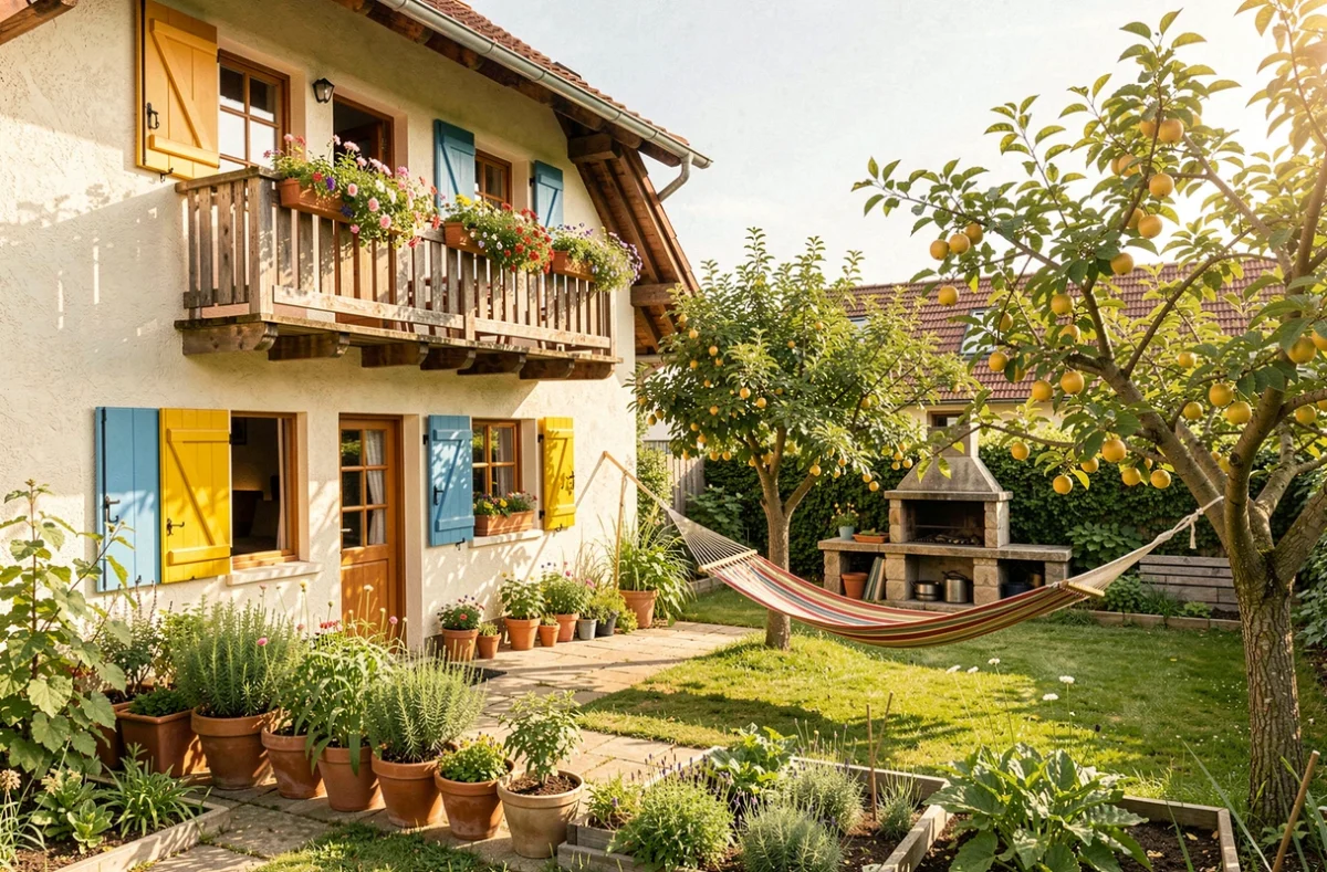 Terrasse ensoleillée et balcon fleuri du Gîte chez EsTé dans la campagne alsacienne du Haut-Rhin
