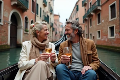 Couple souriant dans une gondola à Venise avec architecture historique