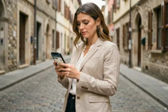 Femme consultant Google Maps en mode hors ligne sur smartphone dans une rue pavée européenne