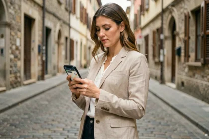 Femme consultant Google Maps en mode hors ligne sur smartphone dans une rue pavée européenne