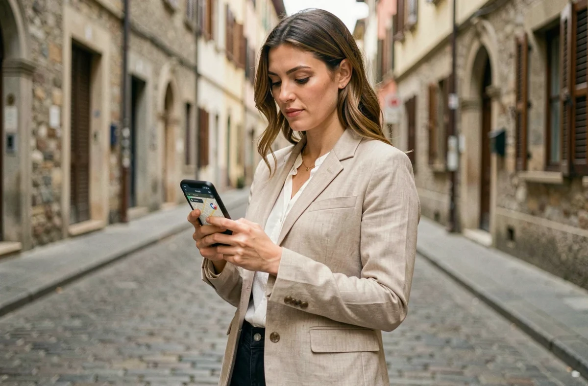 Femme consultant Google Maps en mode hors ligne sur smartphone dans une rue pavée européenne