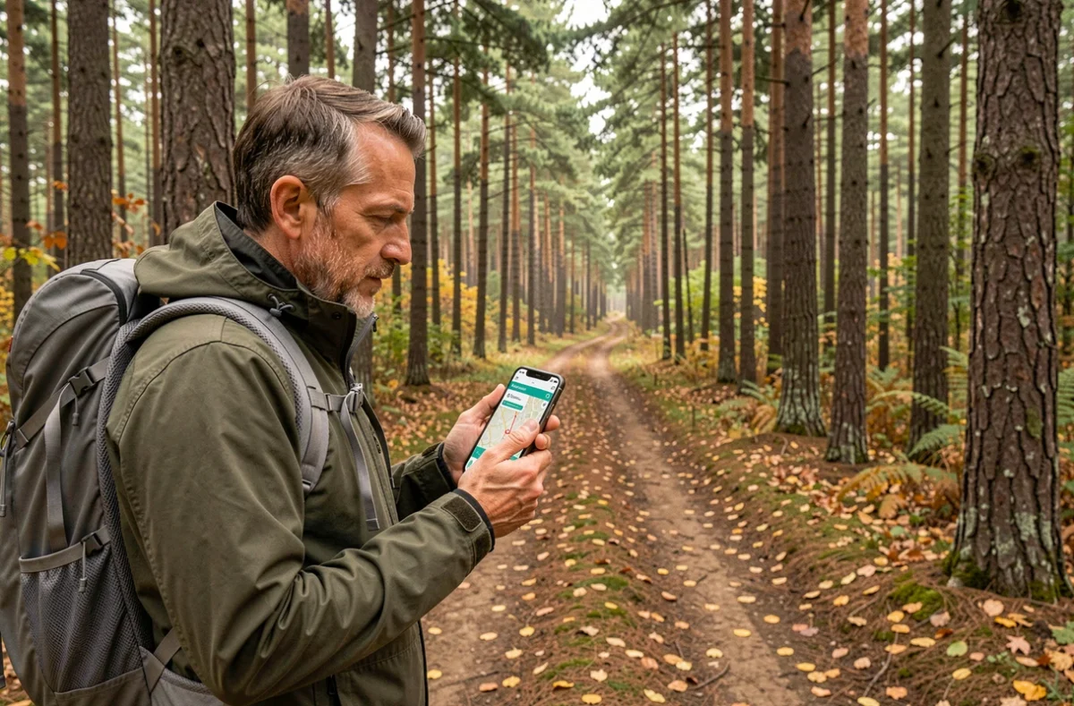 Randonneur utilisant Google Maps hors ligne sur sentier forestier pour naviguer sans connexion
