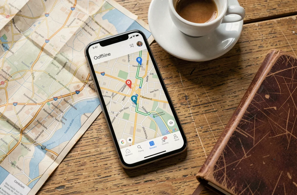 Smartphone affichant un itinéraire Google Maps hors ligne posé sur une table de café avec une carte papier