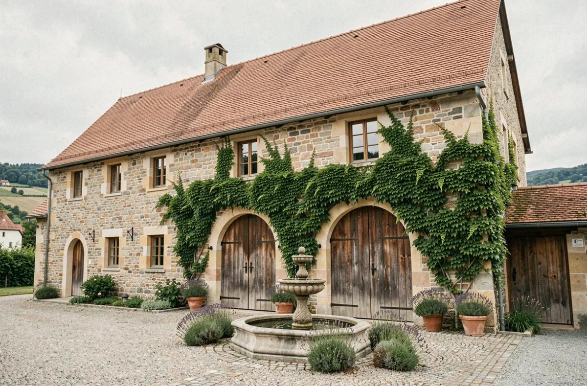 Façade en pierre rénovée de La Grange du Couvent avec cour intérieure fleurie dans le Haut-Rhin
