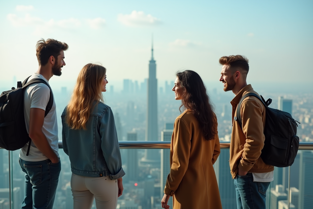 Groupe de voyageurs admirant la vue urbaine depuis un rooftop