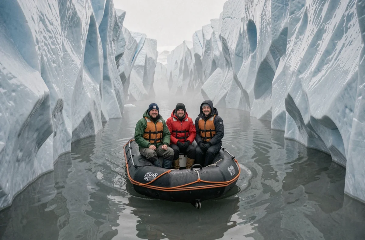 Groupe de voyageurs en zodiac naviguant entre des parois de glace en Antarctique