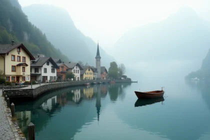 Village de Hallstatt en Autriche au lever du matin avec reflets des maisons alpines sur le lac sans touristes