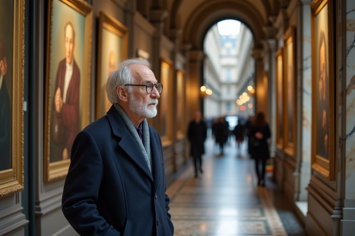 Homme âgé admirant des peintures dans une galerie Passage Vivienne
