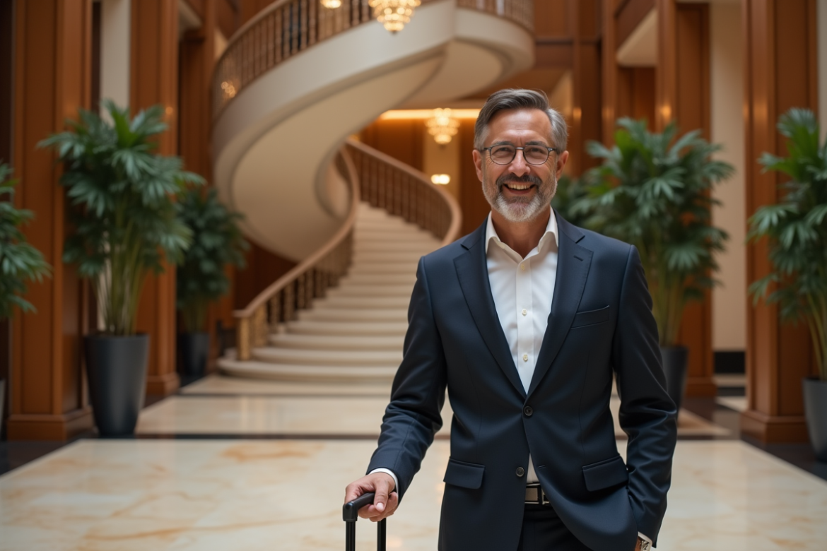 Homme d'affaires souriant à l'accueil d'un hôtel de luxe