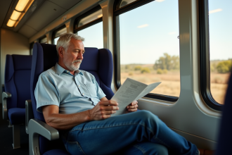 Homme australien lisant un horaire dans un train moderne