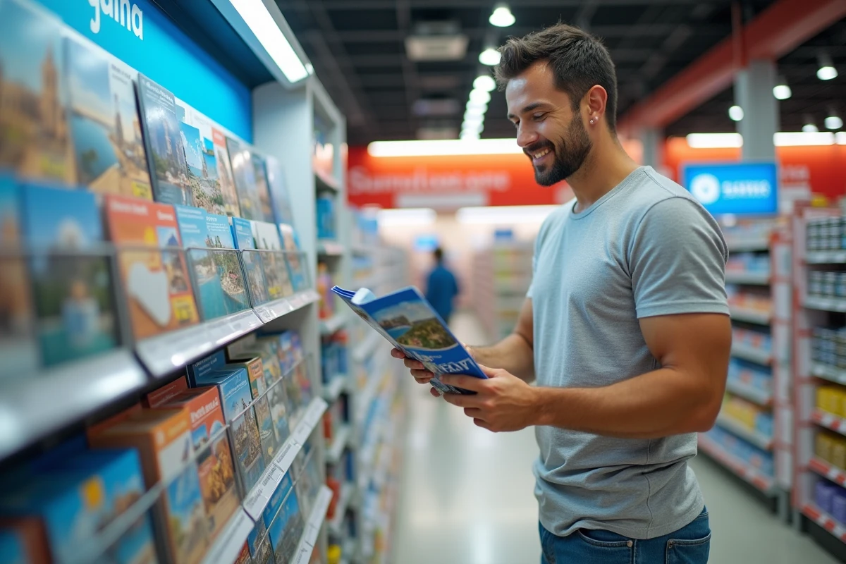 Homme consultant des brochures de voyage en promotion dans un espace voyages d'un hypermarché Leclerc