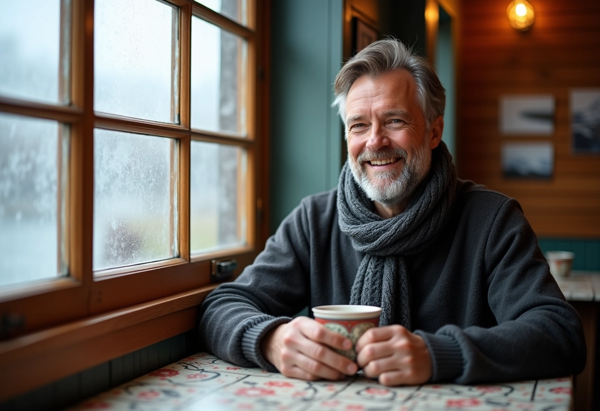 Homme dans un café norvegien avec vue sur la mer