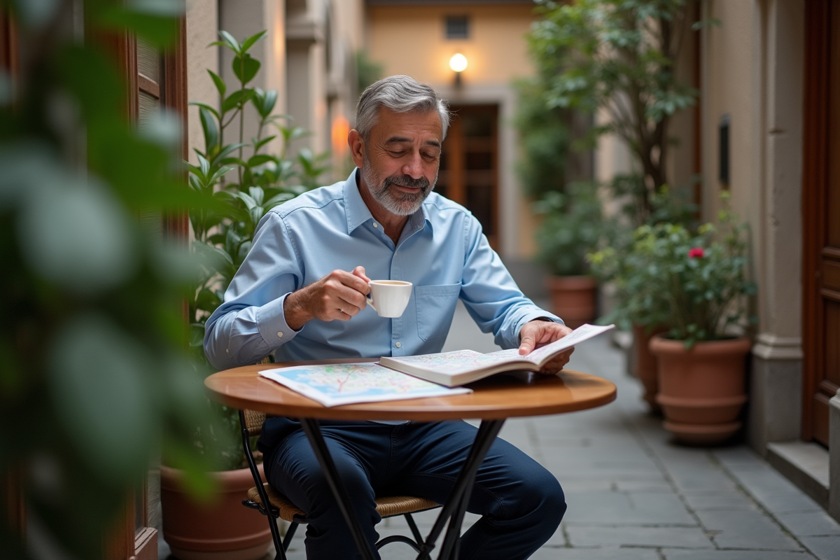 Homme détendu buvant un espresso dans un café milanais