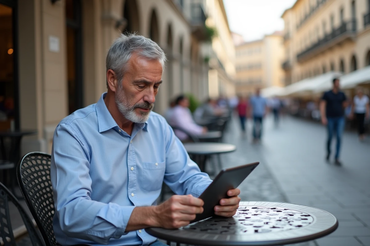 Homme en ville vérifie ses paramètres de sécurité sur tablette